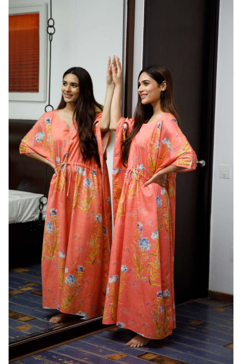 Alluring Aaina Coral Kaftan - F Luxury Cotton Satin Night
