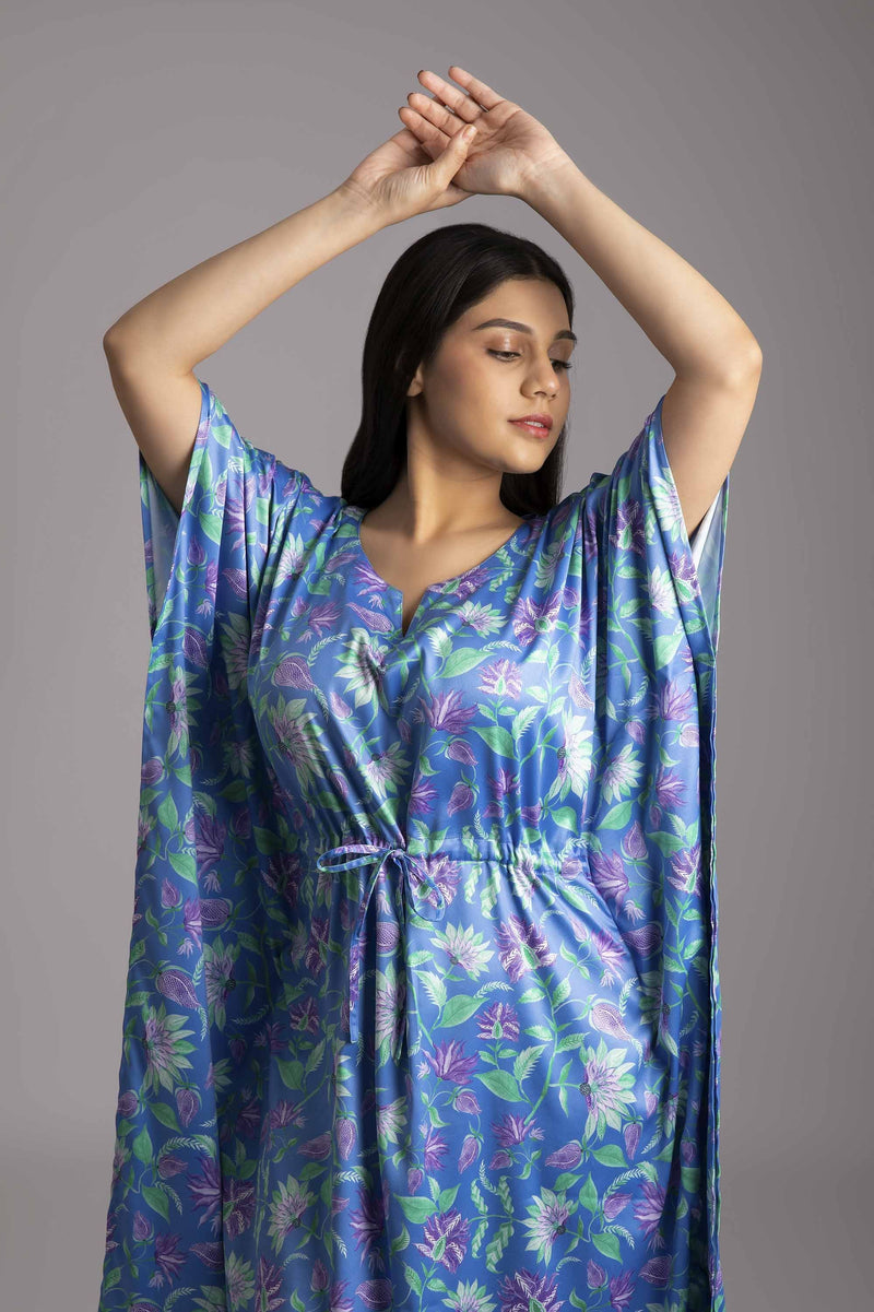 Rina-Beloved  Fabric-Poly satin  Style- Alluring kaftan  The kaftan is an  ankle length long dress with flowy sleeves, made from smooth man made fibre, with a drawstring at the waist. It's free size and comfortable to lounge in.
