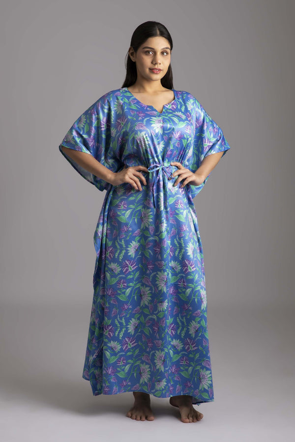 Rina-Beloved  Fabric-Poly satin  Style- Alluring kaftan  The kaftan is an  ankle length long dress with flowy sleeves, made from smooth man made fibre, with a drawstring at the waist. It's free size and comfortable to lounge in.