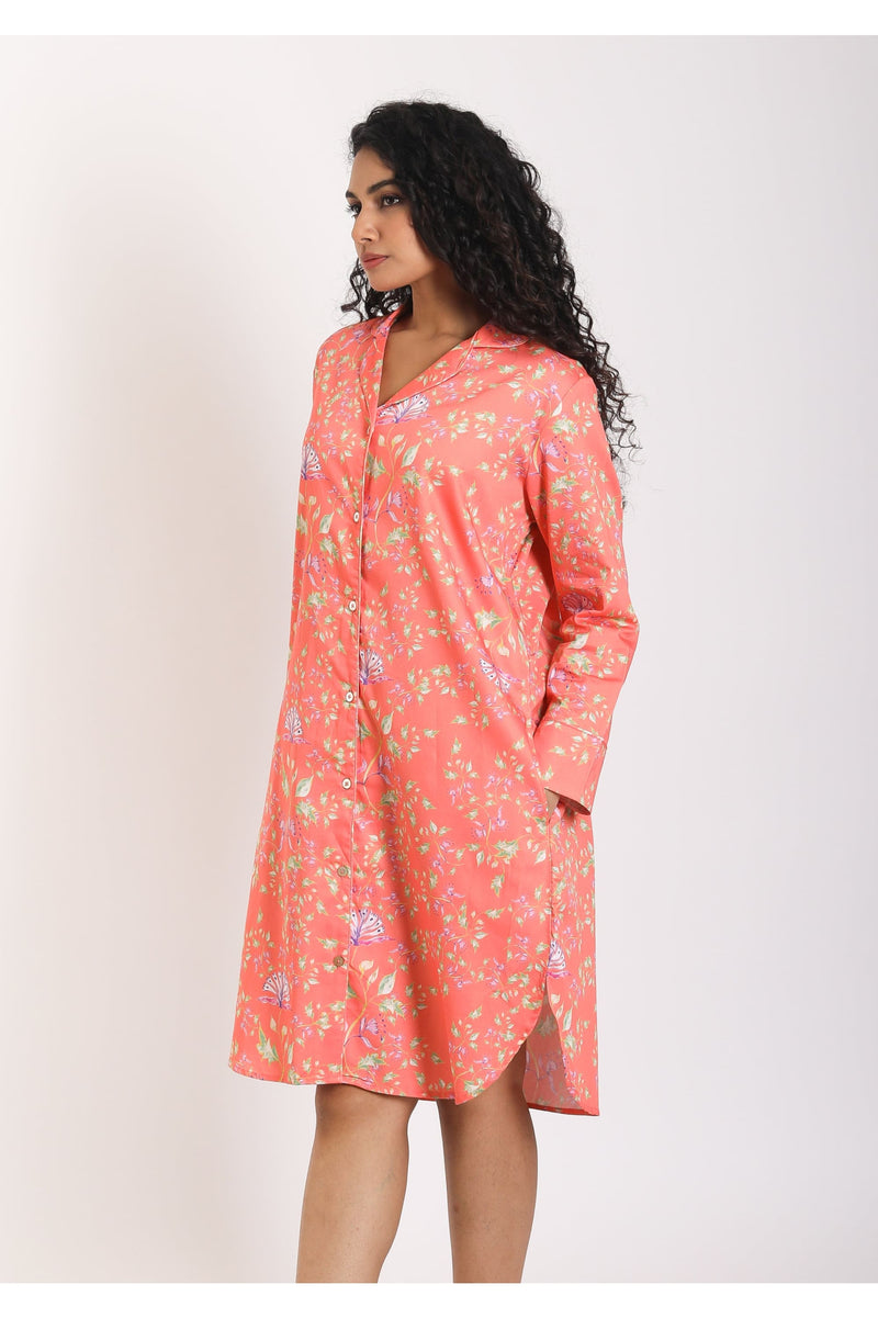 Always Aisha Coral Sleep Shirt - Luxury Cotton Satin Night