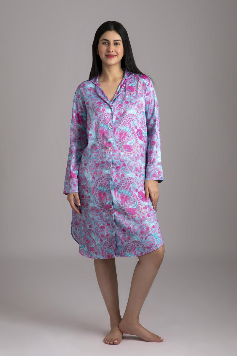 Naina-Eyes  Fabric-Poly satin  Style- Always  Our 3/4th sleeve luxurious sleep shirt has a relaxed fit, front button closure, curved lapels, elegant pockets, beautiful piping to compliment the print. It is made from high quality smooth man made fiber which has a great hand feel.