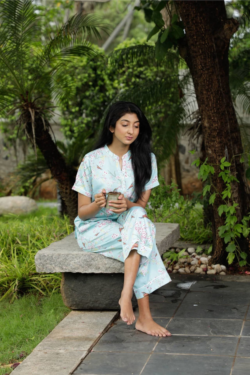 CLASSIC JUHII AQUA - Luxury Cotton Satin Night Suit for women
