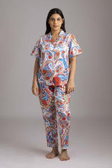 Naina-Eyes  Fabric-Cotton satin  Style-Eternal  This Timeless style has a shirt with a relaxed fit, curved lapels, elegant pockets, beautiful piping to compliment the print, while the coordinated smart pants have an elasticated waistband with a drawstring for added comfort.   Our half sleeved luxurious night suit is made from high quality breathable cotton which has a great soft hand feel.