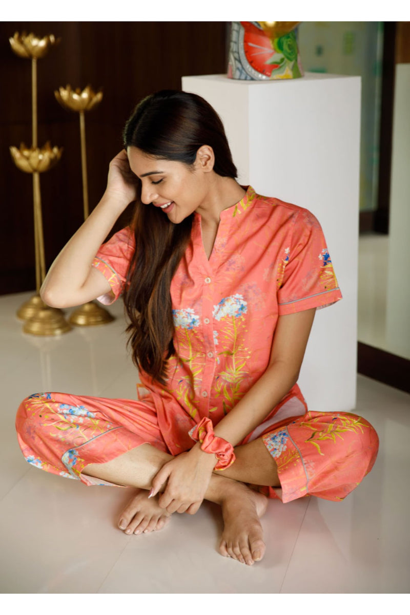 Modish Aaina Coral Pyjama Set - Luxury Cotton Satin Night