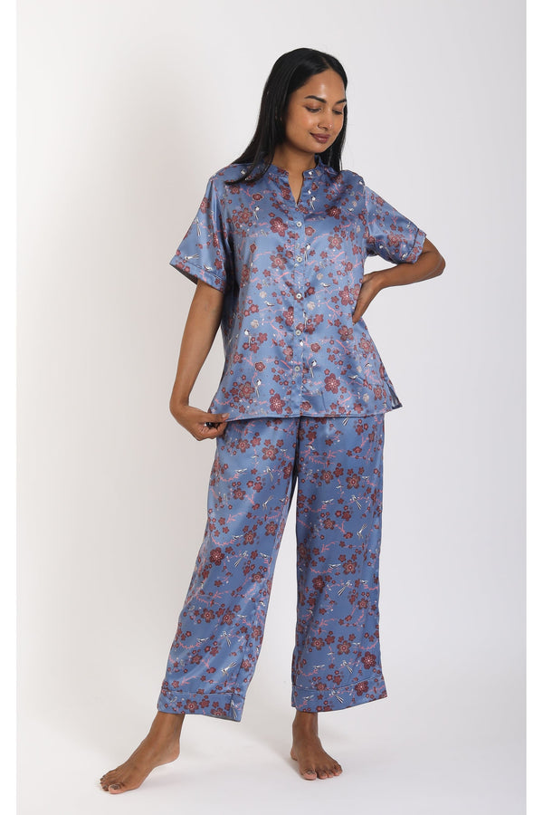 Modish Sakura Blue Pyjama Set - Luxury Poly Satin Night