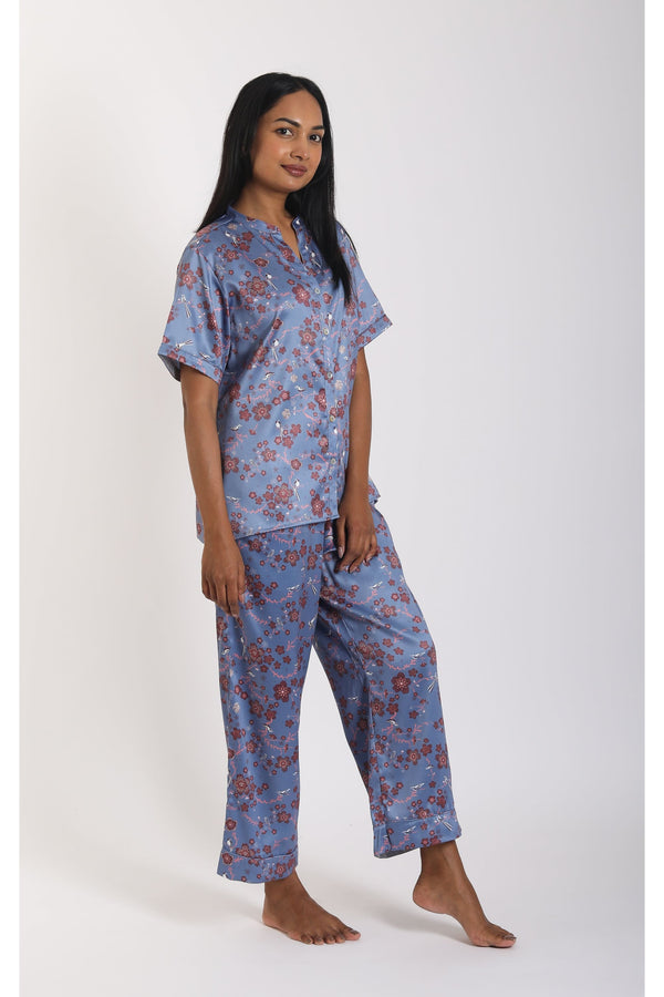 Modish Sakura Blue Pyjama Set - Luxury Poly Satin Night