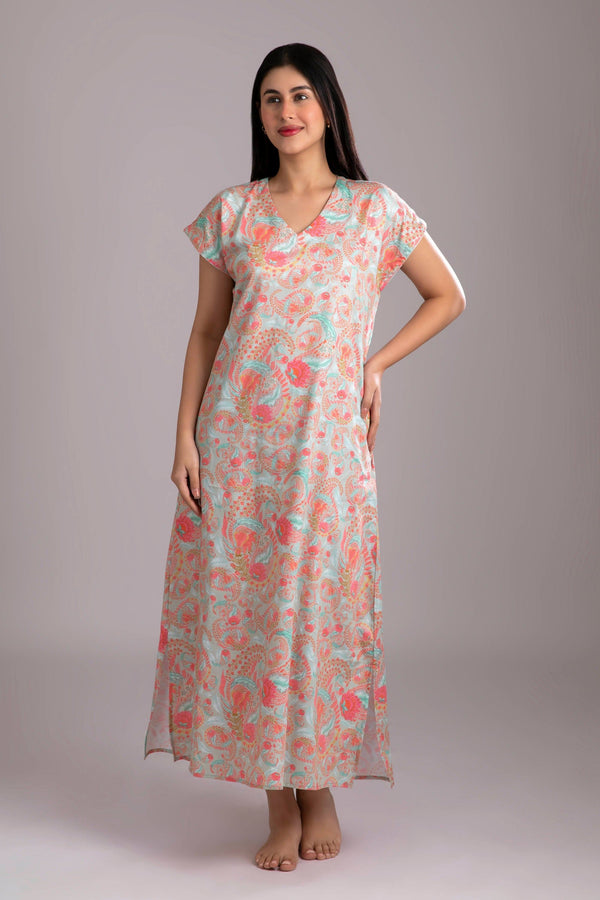 Naina-Eyes  Fabric-Cotton satin  Style-Poise  Our short sleeved nightgown is a straight fit ankle length dress. Made and trimmed from serene cotton and is a perfect outfit to lounge in.