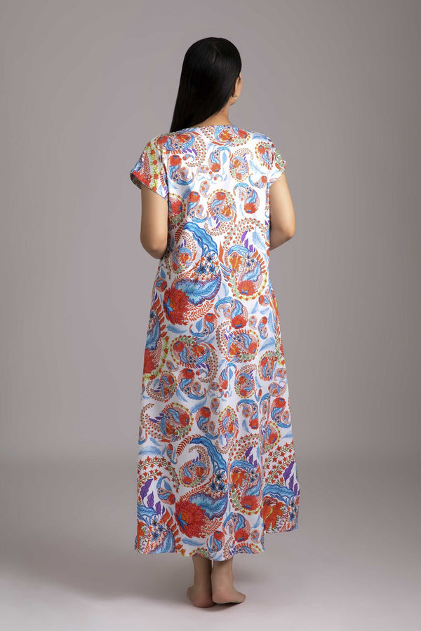 Naina-Eyes  Fabric-Cotton satin  Style-Poise  Our short sleeved nightgown is a straight fit ankle length dress. Made and trimmed from serene cotton and is a perfect outfit to lounge in.