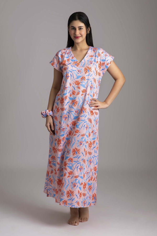 Rina-Beloved  Fabric-Cotton satin  Style-Poise  Our short sleeved nightgown is a straight fit ankle length dress. Made and trimmed from serene cotton and is a perfect outfit to lounge in.