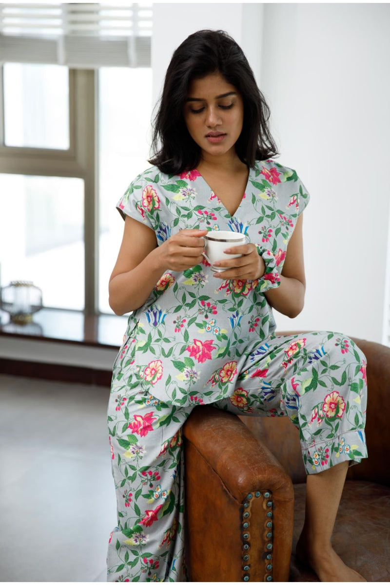 Ritzy Ketki Grey Pyjama Set - Luxury Cotton Satin Night