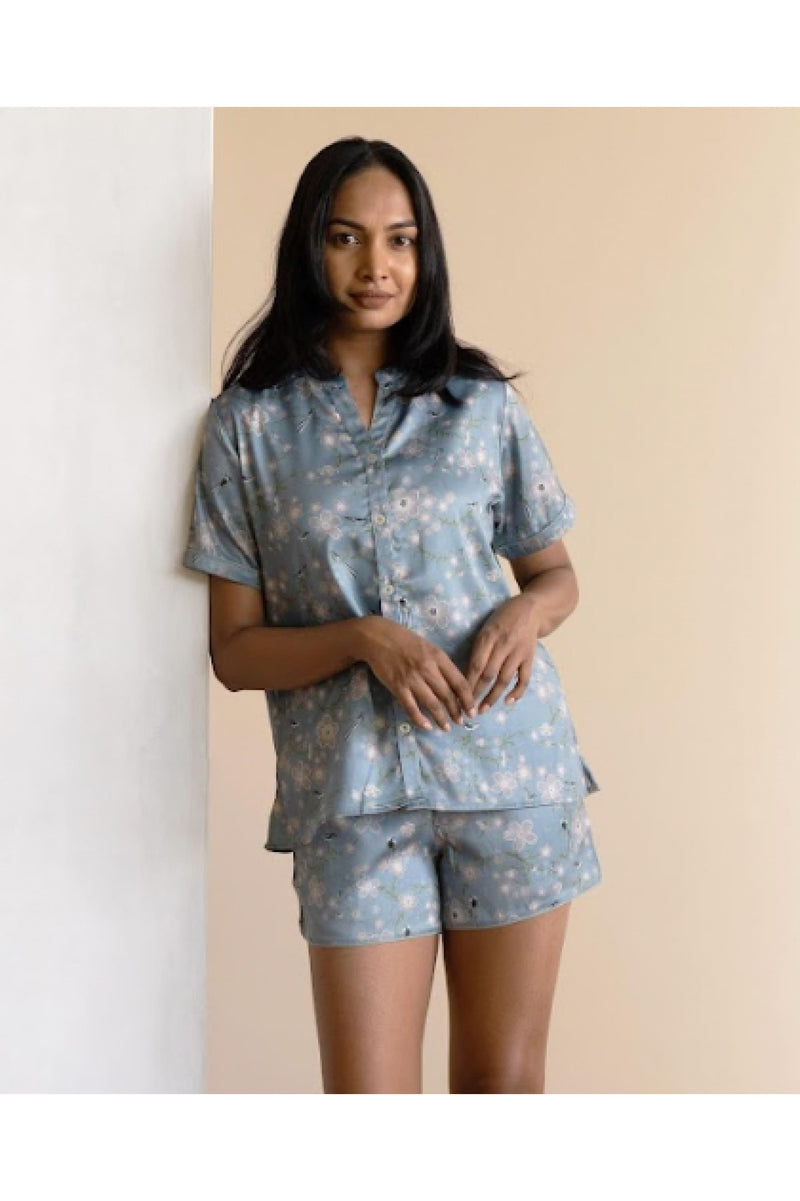 Urban Sakura Sky Shorts Set - Luxury Poly Satin Night Wear