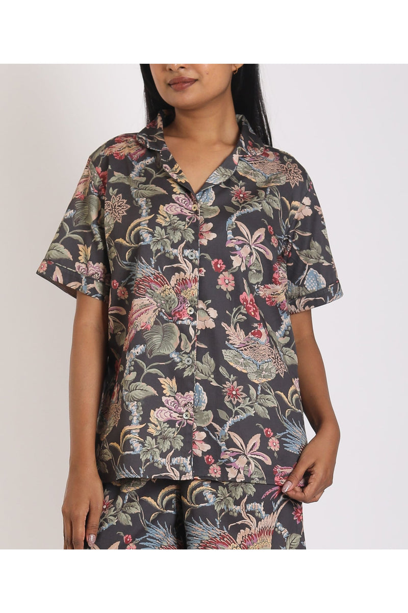 Whimsical Mahua Dark Shorts Set - Luxury Cotton Satin Night