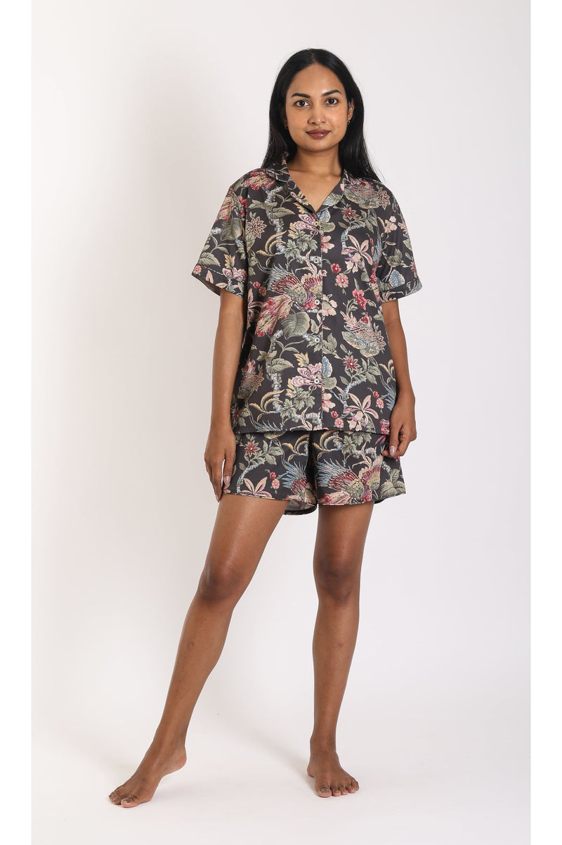 Whimsical Mahua Dark Shorts Set - Luxury Cotton Satin Night