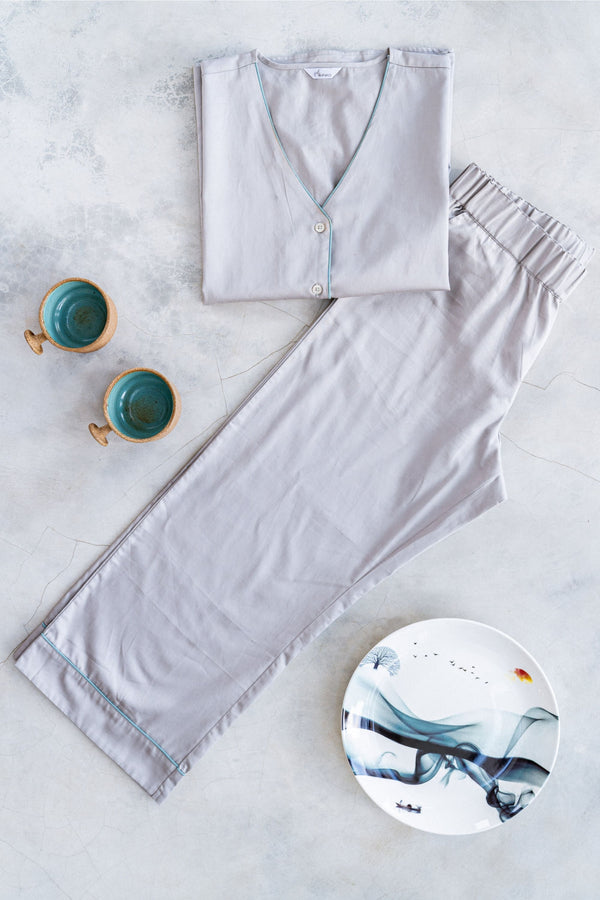 Ritzy GREY - FortyWinksCompany v neck batwing printed mughal digital culottes nightwear nightsuit sleepwear loungewear mehtaab collection