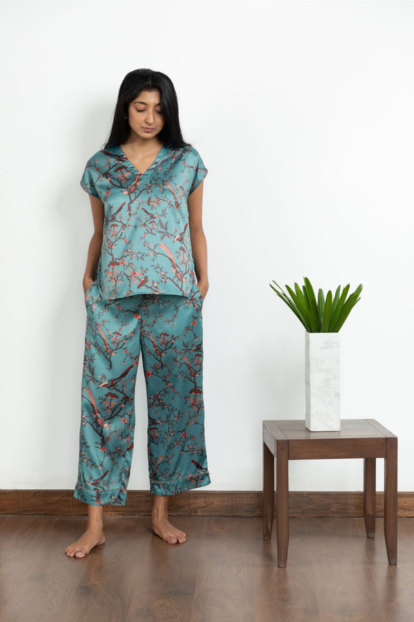 RITZY HUMA TEAL - Luxury Poly Satin Night Suit for Women